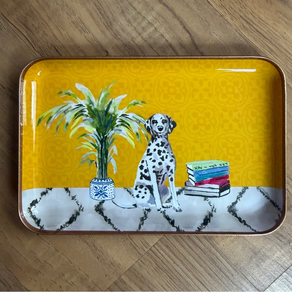 Brass Style Trinket Tray With Dalmatian Dog Decorative 4” X 6” Colorful Decor